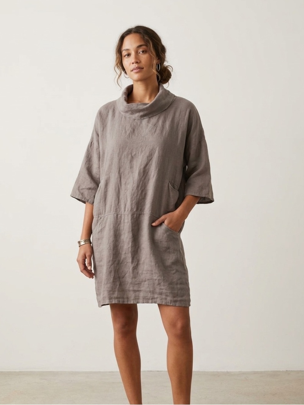 Relaxed Taupe Linen Tunic Dress w Pockets
